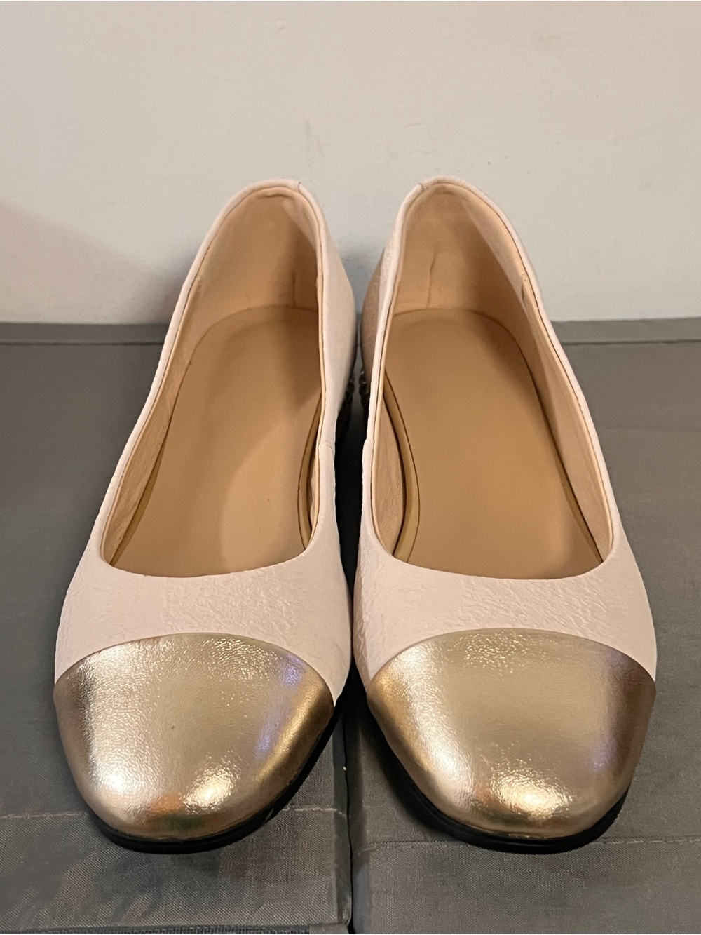 Women's Cream Ballet Flats with Metallic Gold Cap Toe